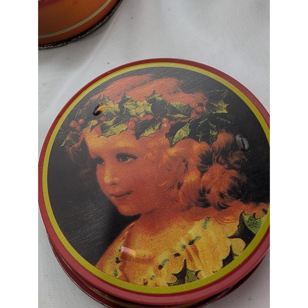 Vintage Round Metal & Cork-Backed Coaster Set, 6pc Portrait Design w/ Tin - Picture 6 of 11